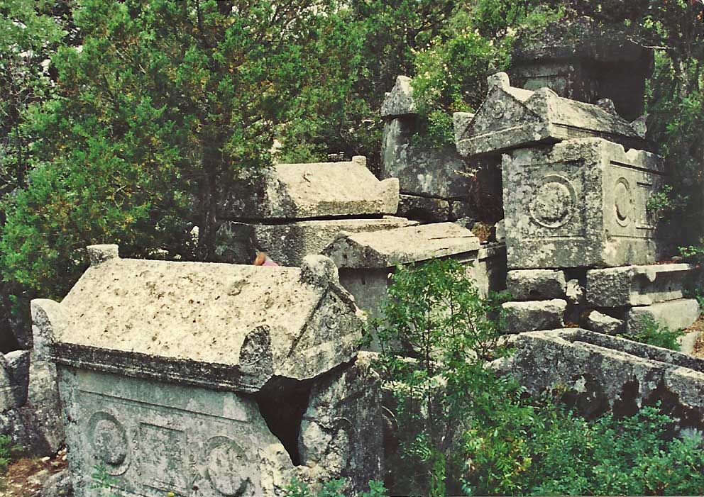 Sarcophagi strewn about where the escaping spirits hurled them