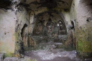 Sanctuary at eastern end of south chapel. Arches leading to pastophoria can be seen to north and south