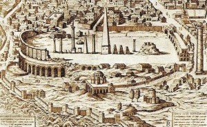 The Hippodrome and the ruins of the Great Palace at the end of the 16th century, from an engraving by Onofrio Panvinio in De Ludis Circensibus. It appears to show The Nea Ekklesia at bottom centre, Theotokos of the Pharos to the right of that, and the remains of St Stephen of the Palace of Daphne under the column at the right. Engraving of the Hippodrome and area of the Great Palace